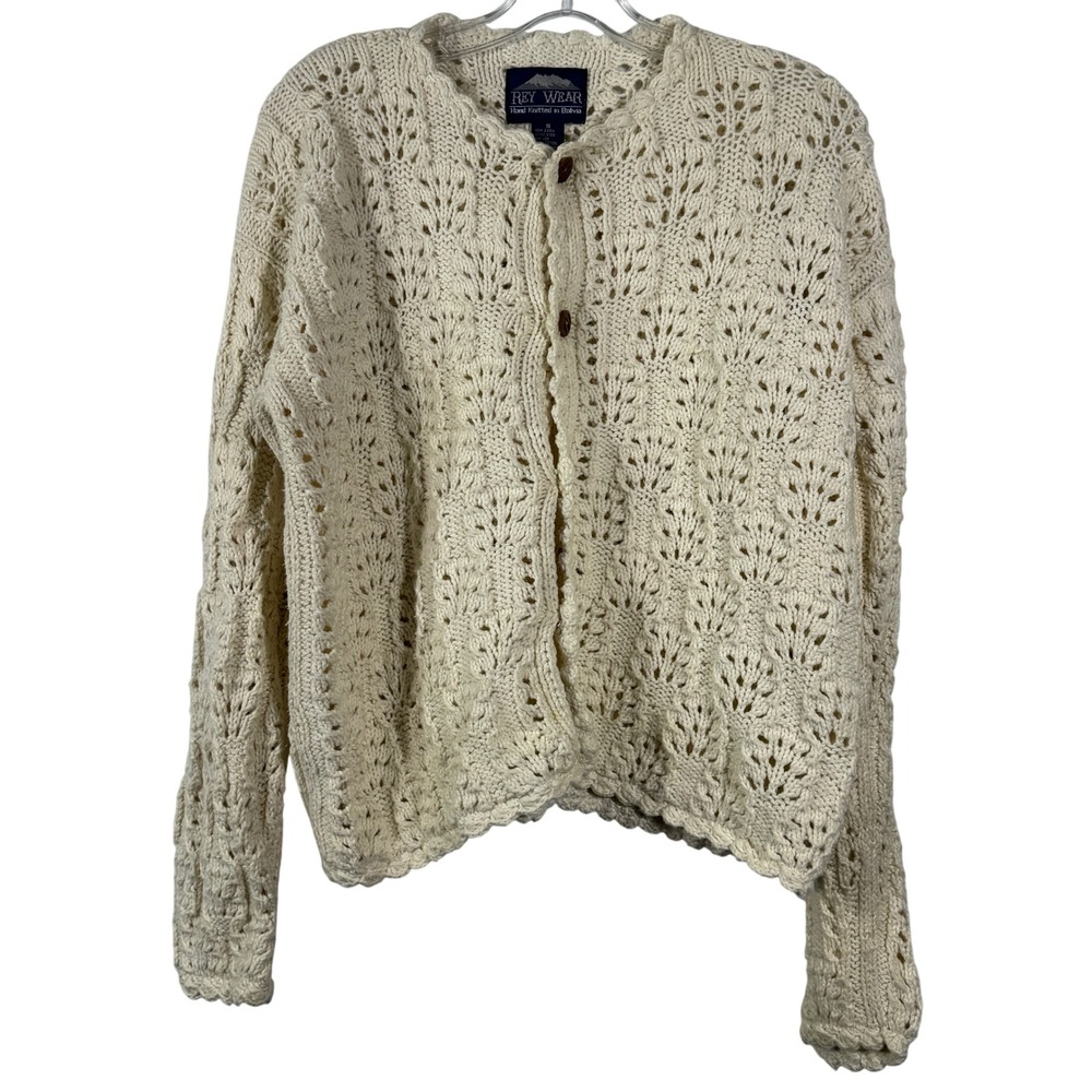 Vintage 90s Rey Wear Hand‎ Knit Cotton Cardigan Cream Crochet Boho Womens Size S